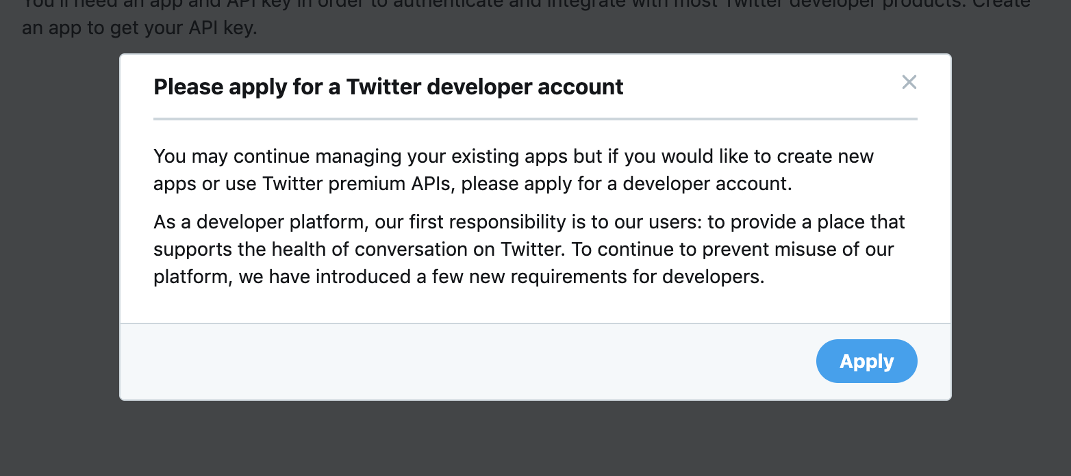 Screen shot of Twitter Developers Site popup