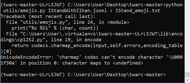 Screenshot of unicode encode error